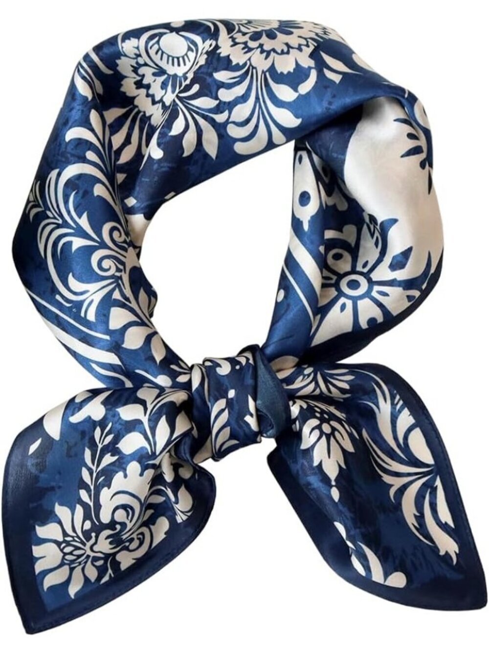 Women's Floral Navy Houndstooth Scarf for Hair Digital Printed Headscarf Silk